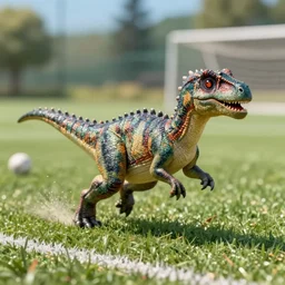 an insanely high quality photo of a small dinosaur running in a soccer field, by saul leiter, insanely detailed, insanely intricate, real, realistic, ultra fine details, insanely beautiful, insanely precise, sunny, 4 k ultra hd, 8 k uhd, movie, imdb, award winning photo, ultrafine detail, nature photography
