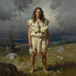 painting by cory loftis of a caveman with moth clothes