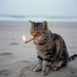 a cat lighting a cigar on a beach in 1980, 30mm film