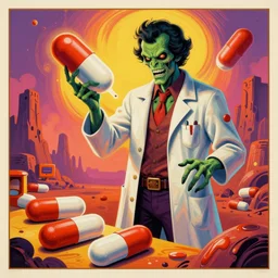 acid color painting in a vibrant color style of 70's black poster art of an evil undead psychotic doctor prescribing large pills, epic scale ultrawide angle, 3D  rendered, Vray rendered, octane render, unreal engine, like monument valley and abzu