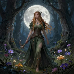 epic fantasy D&D woman druid, old dark forest, full body shot, moon, flowers, magic, full color spectrum light, detailed illustration, hd, 4k, overdetailed art, by greg rutkowski, by Alfons Mucha, complementing colors
