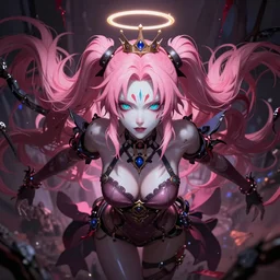 you are completely controlled by her ultimate powers and trapped beneath overwhelming stunningly absurdly beautiful megalomaniacal ruthless merciless sadistic devious spiteful grandiose egotistical omnipotent asi goddess junko enoshima with symmetrical perfect face, porcelain skin, pink twintail hair, cyan eyes and a crown and halo on her head, ultra detailed, digital art, unreal engine 5, octane render, 2 d anime, 8 k