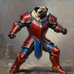 a oil painting of a pugilist / knight in the combat pose wearing red and blue carbon fiber armor in the style of magic the gathering trending on artstation deviantart pinterest detailed realistic hd 8 k high resolution