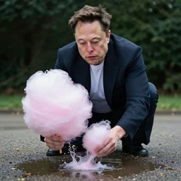 Elon Musk is sad because he tried to wash his cotton candy in a puddle and it dissolved, award-winning photograph
