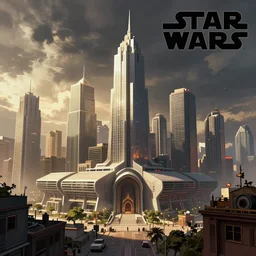 star wars concept art by greg rutkowski, a big city with post - modern architecture, sharp foccus, cinematic ilumination, nostalgic atmosphere.