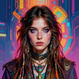portrait of a brunette hippie, but set in the future 2 1 5 0 | highly detailed | very intricate | symmetrical | professional model | cinematic lighting | award - winning | painted by mandy jurgens | pan futurism, dystopian, bold colors, cyberpunk, anime aesthestic | featured on artstation