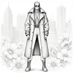 cypherpunk fashion illustration, high detail, fine detail, floral city background