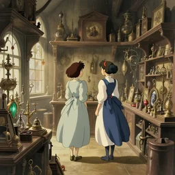 two girls in victorian dress looking around a wizardry shop full of magic artifact, inspired by environment in harry potter, wide angle, light color scheme, natural lighting, intricate details, cozy atmosphere, matte painting, illustration, hogwarts, by hayao miyazaki