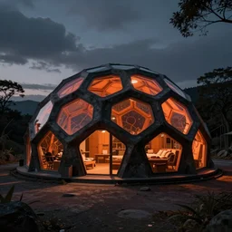 epic exterior photo of a futuristic organic japanese geodesic shelter pods for the homeless, geodesic structure, dramatic lighting, black and orange colour palette, long shot, archviz