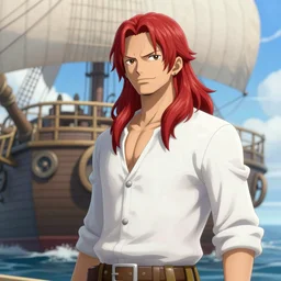 a long haired, red headed male sky - pirate in front of an airship full color digital illustration in the style of don bluth, artgerm, artstation trending, 4 k