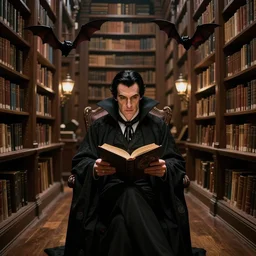 enormous library, dracula sits reading a book, bats, franklin booth