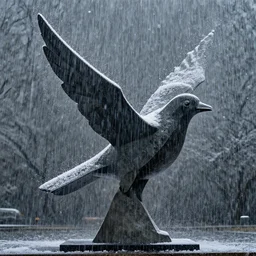 rain, hail and snow flying through the air in the shape of a bird, abstract sculpture, award-winning photo