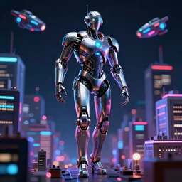 macro up view of a giant human metallic of 1 km of hight walking on the small city, tron, close up bokeh hiperrealistic neon glow darkness dramatic neon f - zero ships, sharp focus, octane render, imax