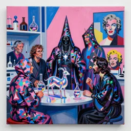 a masterpiece painting in the laboratory of a technomancer wizard, in dazzle camouflaged robes, pointed hoods, the wizard discusses sentience with his al djinn by remedios varo and anato finnstark and greg rutkowski and andy warhol and francis picabia. dayglo pink and blue, prismatic, pearlescent, raven black, glowing, hyperrealism, trending on artstation