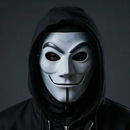 realistic photo of hacker in anonymous mask, black, close up, front view, background, hood, extremely detailed, sharp focus, masterpiece,
