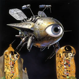 anime visual, exterior portrait of a spaceship floating in the void, insect shaped, all seeing eye, craig mullins, jean giraud, sparth, gustav klimt, warhammer 4 0 k, buddhist architecture, omni magazine, dieter rams, mecha,, zaha hadid, foreboding, mysticism, alphonse mucha, yoshinari yoh