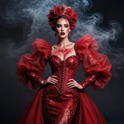 fashion portrait of a queen, all covered in smoke, red fabric and expensive clothing, by alberto seveso