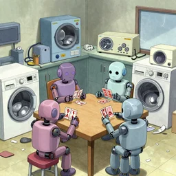 a group of robots playing cards together in a messy laundry room surrounded by weird machines, by satoshi kon, surrealistic, illustration