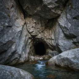 small mine entrance in a ravine river in avila dry mountains. granite rocks. batscoming out from the entrance. 4 k, concept art, by wlop, ilya kuvshinov, artgerm, krenz cushart, greg rutkowski, pixiv. cinematic dramatic atmosphere, sharp focus, volumetric lighting, cinematic lighting, studio quality