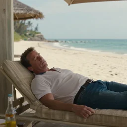 arnold schwarzenegger falling asleep in a bungalow on the beach, cinematic shot