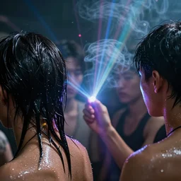 wet complex, colored lasers, people, skin, smoke, god rays, hair, wet metal reflections, mirrors, infinite, close up, skin, wet, ultra detailed, group of people