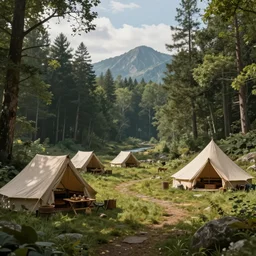 an epic fantasy adventurer's camp with a hide tent 4 k, extremely detailed. award winning, trending on artstation, 8 k, ultra wide angle