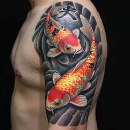 beautiful japanese koi fish tattoo, vibrant neon pastel, kanji, japanese tattoo