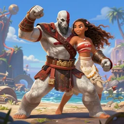 kratos fighting with moana rendered by disney
