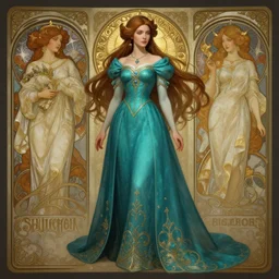 female princess, long teal dress, full body shot, long hair, d & d, fantasy, intricate, elegant, highly detailed, digital painting, artstation, concept art, matte, sharp focus, illustration, hearthstone, art by artgerm and greg rutkowski and alphonse mucha
