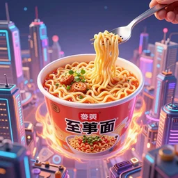 gigantic instant noodles upon cybernetic city, sky on magic colorful neon fire, hyper detailed, hight detailed, ultra realistic, steampunk, artstation, cgsociety, 8 k