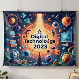 a banner for a digital technologies class, lots of emerging technologies colourful, illustrator