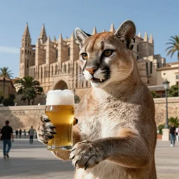 A beautiful humanoid Puma holding a dripping fresh beer with its paws in the city centrum from Palma de Mallorca with Palma Cathedral in the background, highly detailed, octane render, k, cinematic, high detail, unreal engine, 8k, High contrast, golden ratio, trending on cgsociety