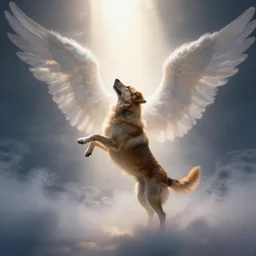 one single dog being lifted up by heavenly angelic lights from heaven, angelarium artist, irisdecent light, volumetric ligh, fog