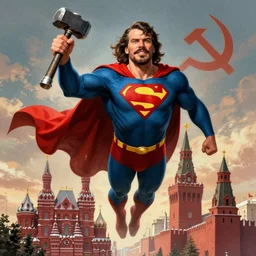 epic comic book cover of stalin as superman floating over the red square ( moscow ), hammer and sickle, socialist realism, soviet nostalgia, sovietwave aesthetic, photorealistic, intricate digital art, trending artstation, artgem, rich moody colors, fan art, concept art, in the style of the red son, by cory walker and ryan ottley