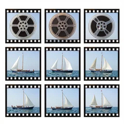 a modern color film strip reel of a boat sailing from left to right with 9 frames