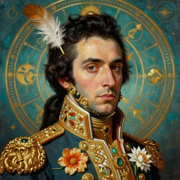 hyper realistic portrait painting of simon bolivar ( intrincate detail, golden ornaments, feathers ) wet, flowers, by godward, gustav moreau, saturno butto, boris vallejo, austin osman spare and david kassan, by bussiere. occult art, occult diagram, turquoise and orange color scheme.