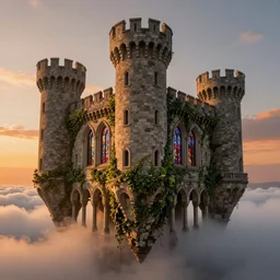 a medieval castle with very tall towers, ivy, stained glass windows, arches, columns, suspended in the clouds, dramatic atmosphere, orange light, sunset, highly detailed, cinematic lighting, perfect composition, 4 k, gustave dore, derek zabrocki, greg rutkowski, belsinski, octane render