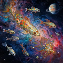 highly detailed digital of aquatic animals swimming in space, colorful nebulas , planets in the background, highly detailed, intricate design, cinematic view,  8k resolution,  artstation,   by Akihiko Yoshida, Alphonse Mucha, Moebius,  Krenz Cushart