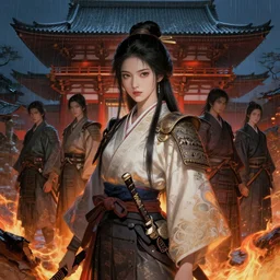 portrait samurai warrior 4 girl, in ruin fire rainy honnoji temple night, ssci - fi and fantasy, intricate and very very beautiful and elegant, highly detailed, digital painting, artstation, concept art, smooth and sharp focus, illustration, art by tian zi and wlop and alphonse mucha