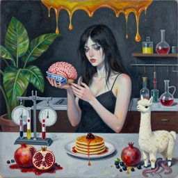 dark kitchen of an art student, sensual portrait of a female emo pathologist holding a brain, japanese pottery, scales, tropical houseplants, test tubes, honey dripping from ceiling, berries dripping juice, pancakes, pomegranate, berries, alpaca sculpture, octopus, scientific glassware, neo - expressionism, surrealism, acrylic and spray paint and oilstick on canvas
