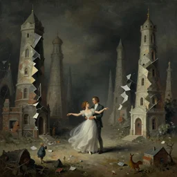 crumbling towers of nostalgia and the fading dance of memory, a surrealist abstract mindscape of the innermost soul, by dave dorman hieronymus bosch, cyril rolando, esher and natalie shau, whimsical, profound, impossible, dark, atmospheric, brooding, digital painting, intricate.