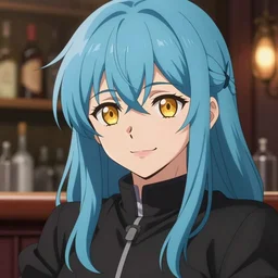 pretty rimuru tempest in a bar, sky blue straight hair, bangs, with amber eyes, gold eyes, wearing a black jacket, high collar, ultra detailed, concept art, award winning photography, digital painting, cinematic, by wlop, anime key visual, closeup, pixiv, happy, yoshitaka amano, ilya kuvshinov,