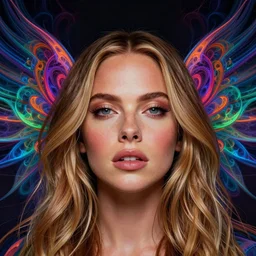 an absolutely gorgeous portrait of Cara Delevigne by Android Jones, wings, fractals, Gorgeous colors, face symmetry, insane detail, gorgeous colors, strong composition, awe inspiring lighting, psychedelic, volumetric light, symmetry, subsurface scattering