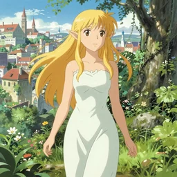 Portrait of a golden-haired elf woman walking through a city reclaimed by nature, beautiful face, highly detailed, photoshop, digital illustration, official anime key visual, by Makoto Shinkai and Hayao Miyazaki, by Alphonse Mucha and William-Adolphe Bouguereau
