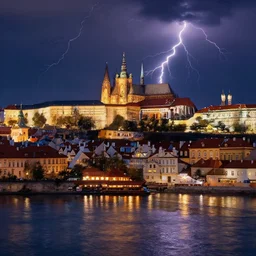 a view from the river a city resembling prague, paris, and venice at night with a sky full of lightning, intricate, elegant, highly detailed, digital painting, artstation, concept art, smooth, sharp focus, colored illustration for tattoo, art by thomas kincade, krenz cushart and artem demura and alphonse mucha,