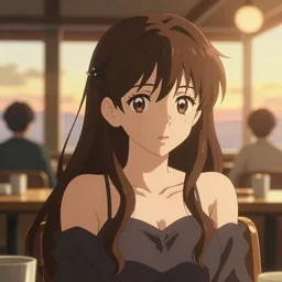 anime art, anime key visual of elegant young female, long brown hair and large eyes, finely detailed perfect face, sitting at a restaurant, golden hour sunset lighting, background blur bokeh!!, trending on pixiv fanbox, studio ghibli, extremely high quality artwork
