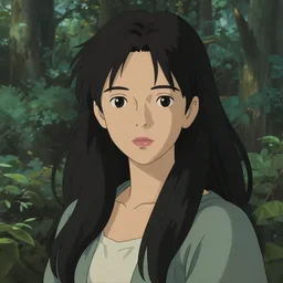 a beautiful young woman with long black hair, forest background, sharp focus, intricate, digital painting, artstation, highly detailed, ambient lighting, illustration, art by Studio Ghibli and Greg Rutkowski