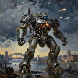a giant steampunk mecha attack with missiles ponte santa trinita at dawn, night, rain, oil paint by william - adolphe bouguereau