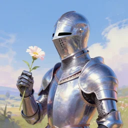 opalescent retrofuturistic digital airbrush illustration of a knight wearing an ornate chrome headpiece and holding a flower with a landscape and sky in the background by luigi patrignani and syd brak