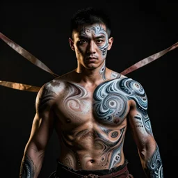 a portrait of a warrior with body paint, half figure, fractal shapes, dramatic light, cinematic lighting, ribbons,